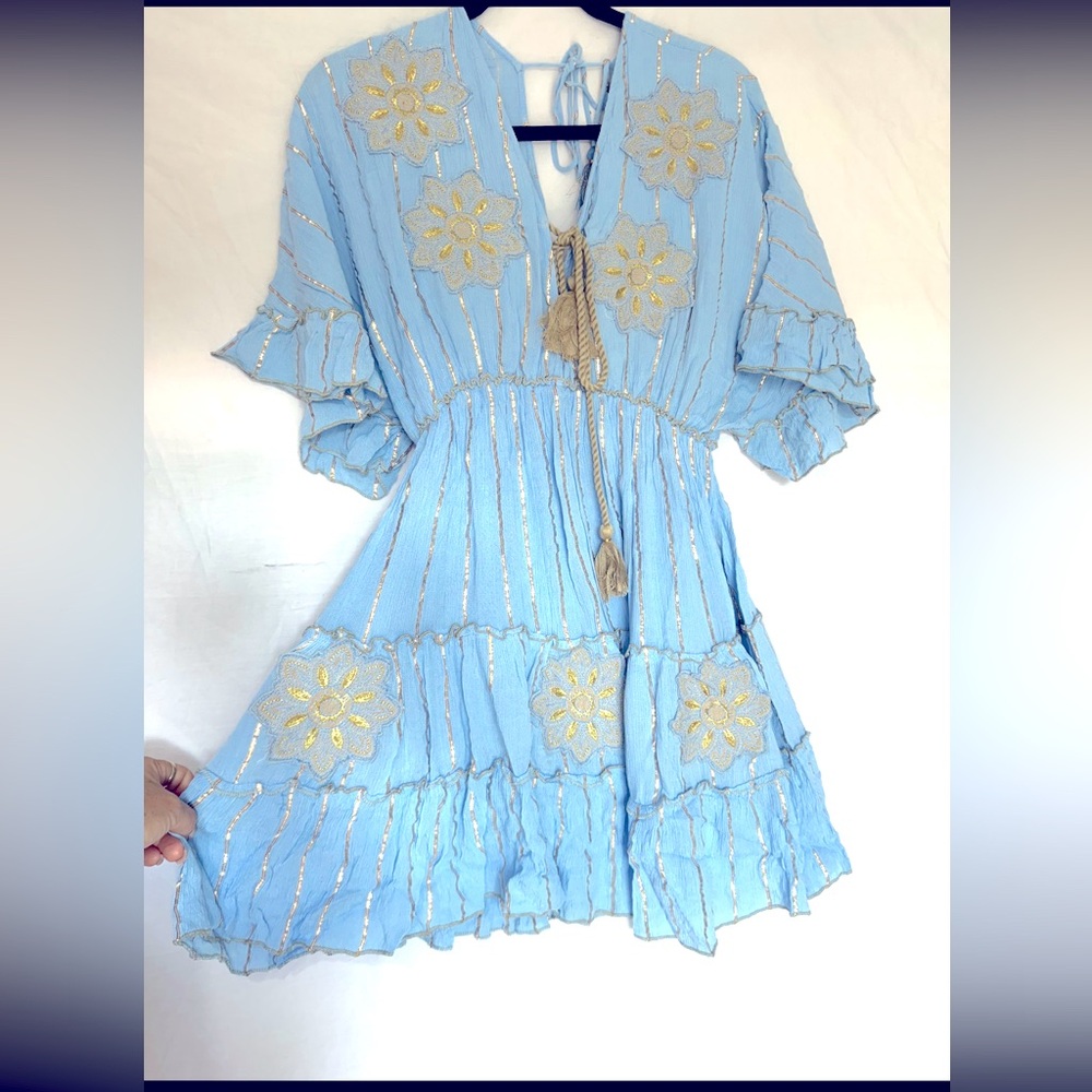 Light Blue Dress with Gold Floral Accents